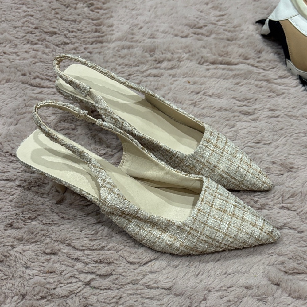Cream Plaid Slingback Kitten Heels